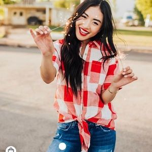 Red and white tie front button up shirt